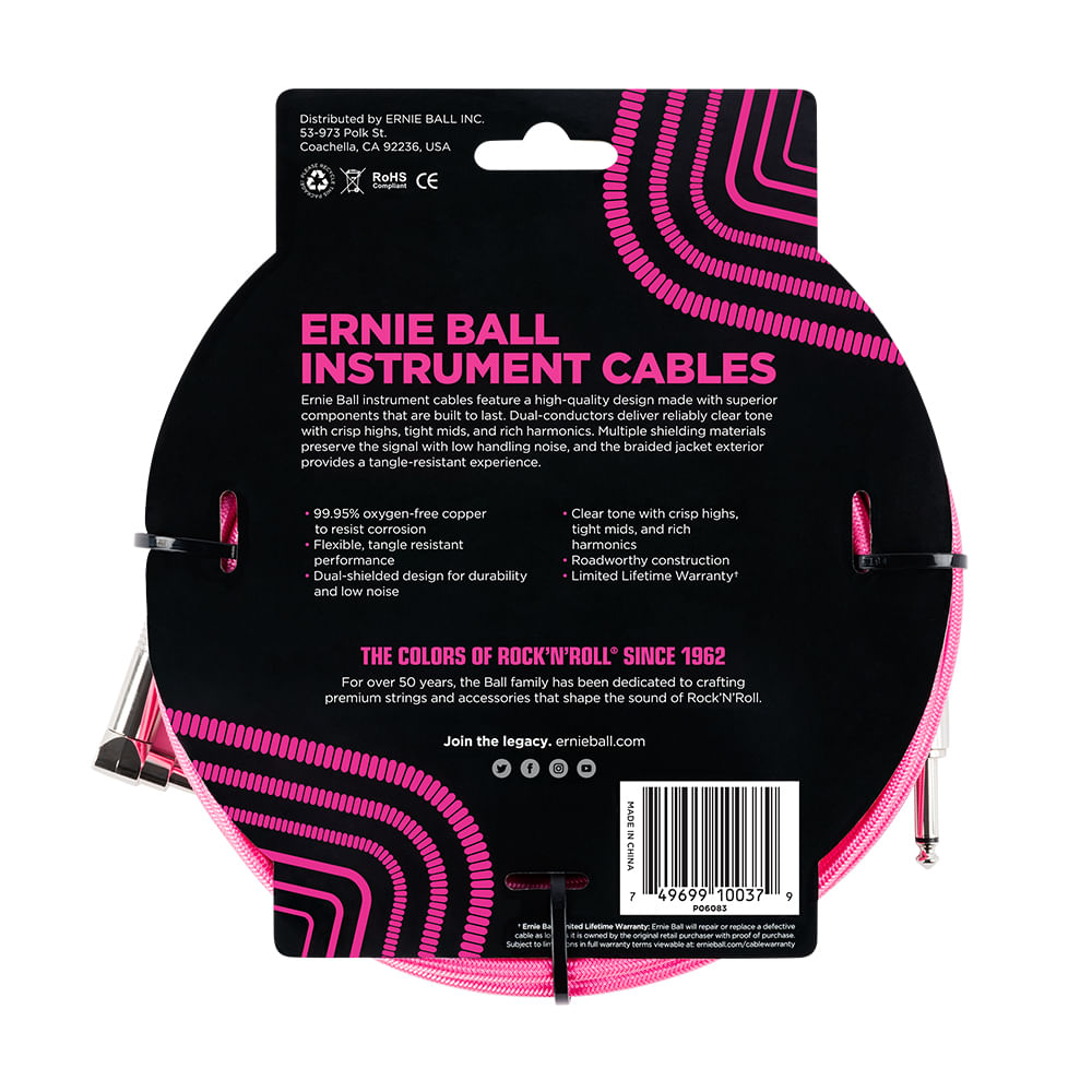 Cabo Ernie Ball P10 Reto/L com 5mts Trançado Neon Rosa Blindado