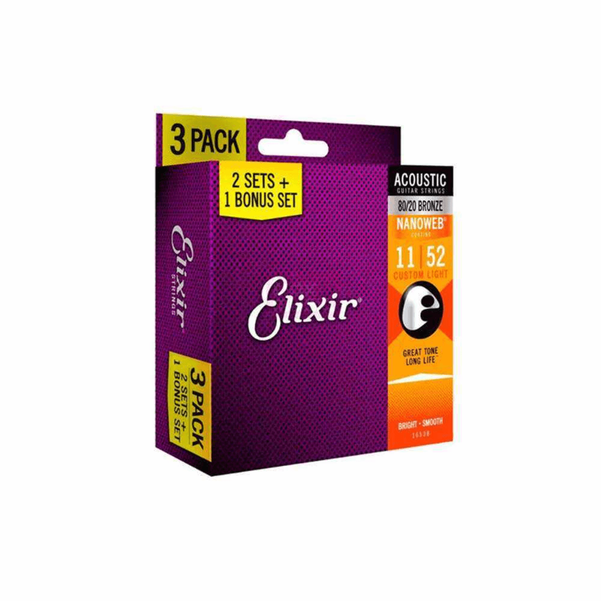 orda Elixir 011 Custom Light 80/20 Bronze Nanoweb para Violão – Pacote com 3
