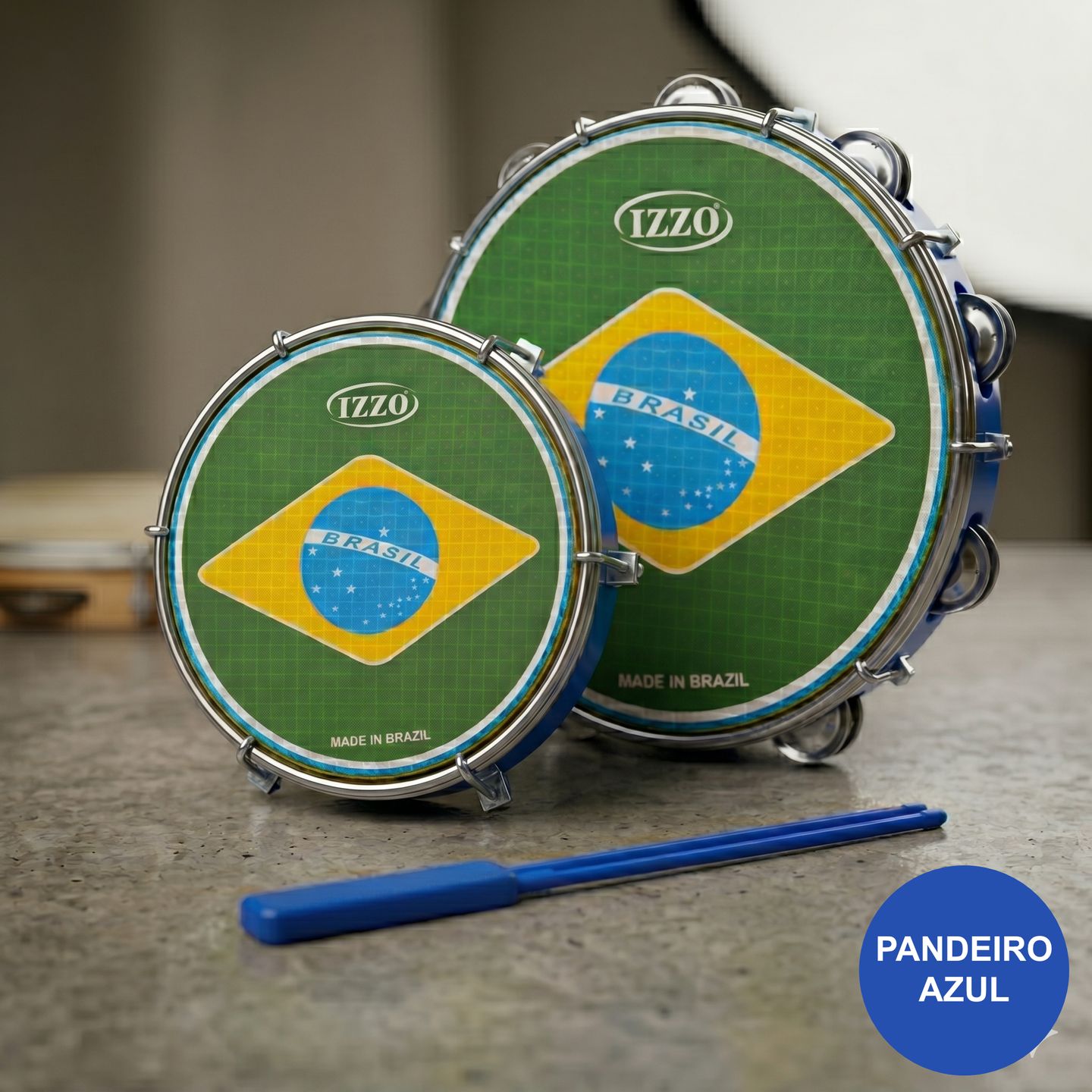 Kit Copa Brasil Izzo Pandeiro Azul 10 Pol Tamborim Azul 6 Pol E