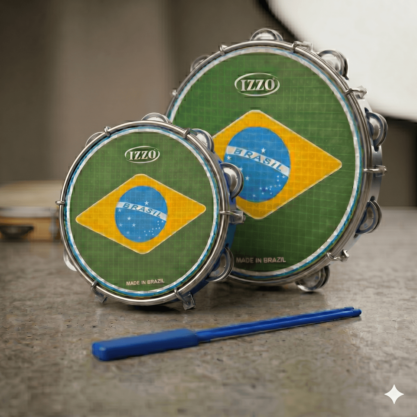Kit Copa Brasil Izzo Pandeiro Branco 10 Pol Tamborim Azul 6 Pol E
